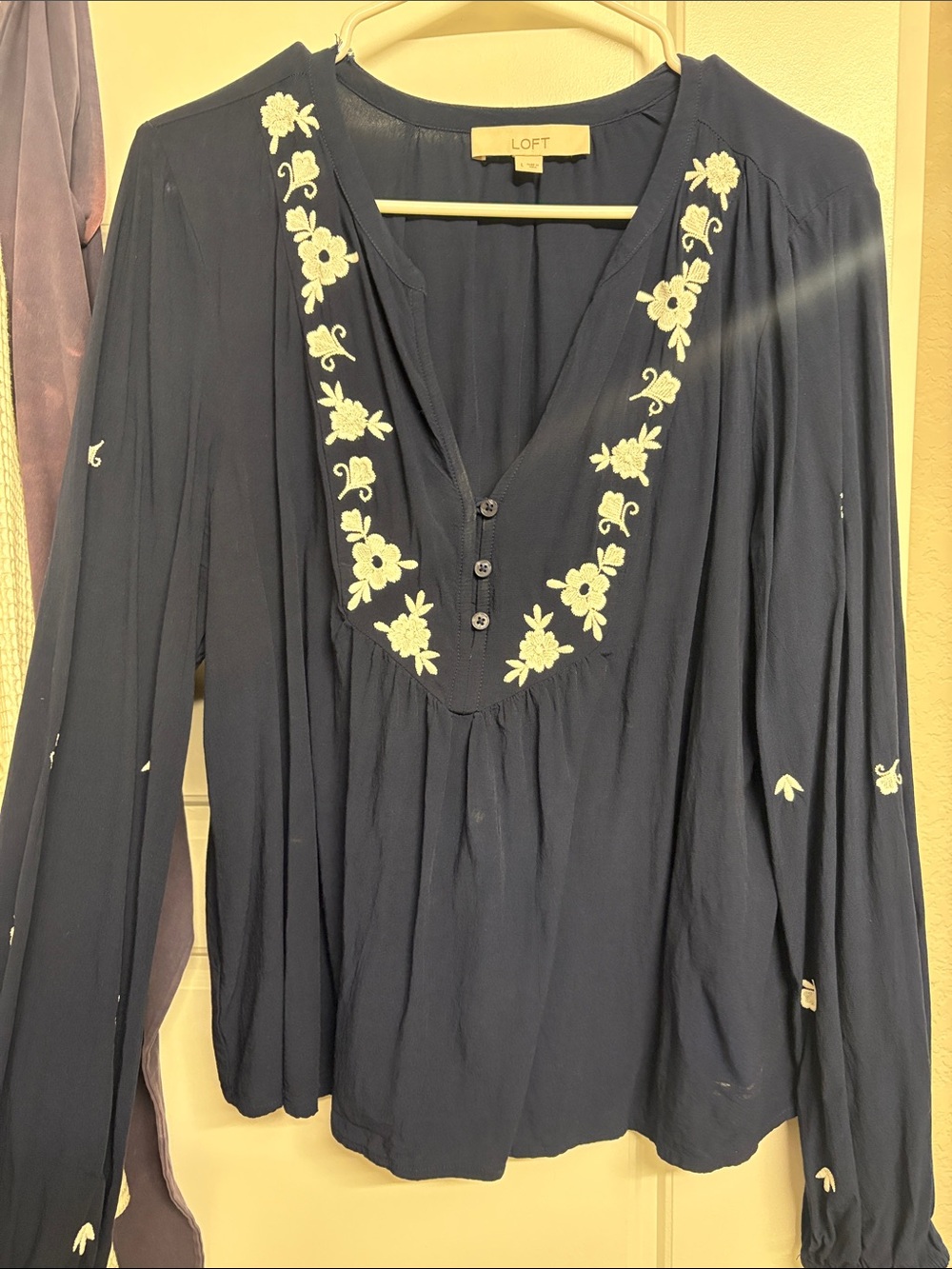 LOFT Navy V-Neck Floral Embroidered Blouse
